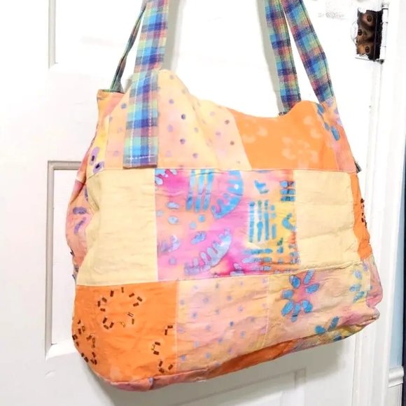 Original by Jernigan Orange Green Blue Plaid Beaded Large Hobo Shoulder Bag Tote - Picture 9 of 13